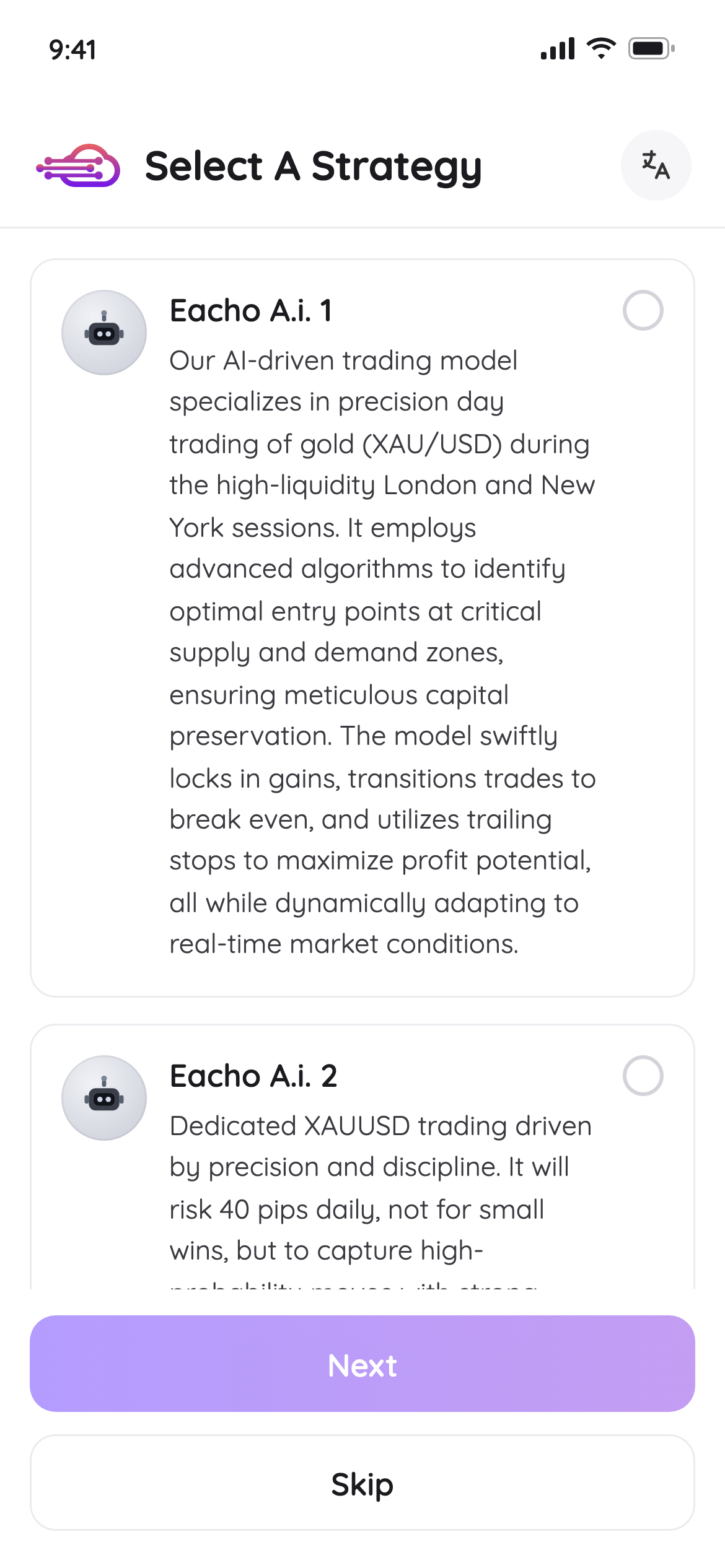 Eacho app: Select A Strategy screen