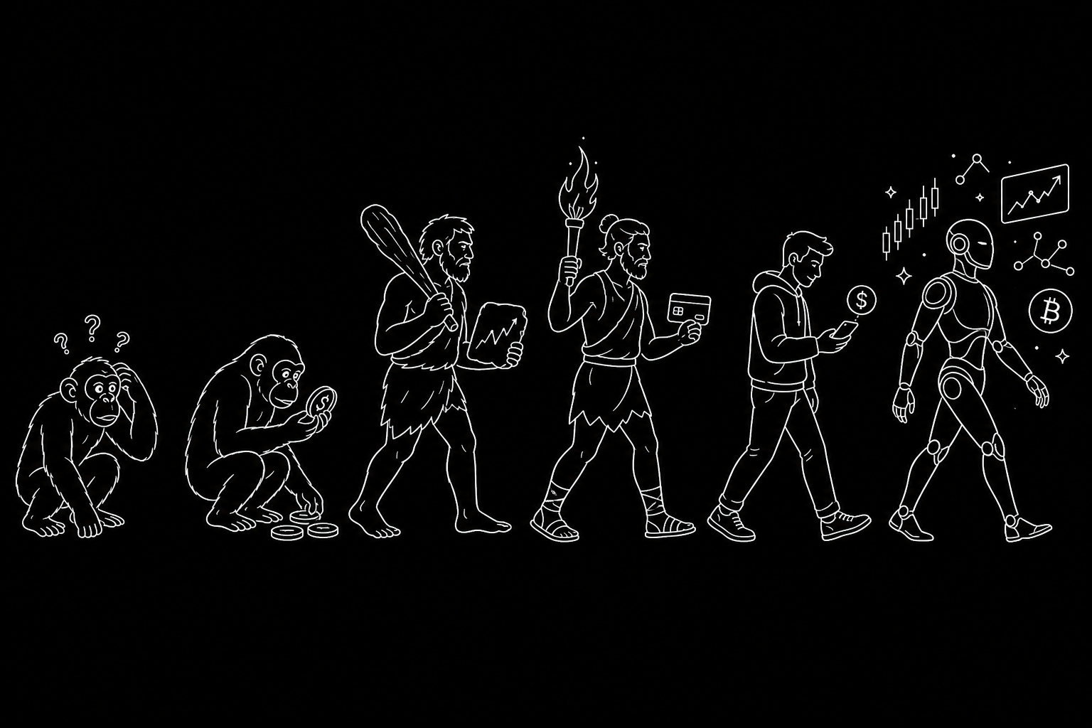 Line-art illustration of a trader evolving from a confused ape into an automated trading robot
