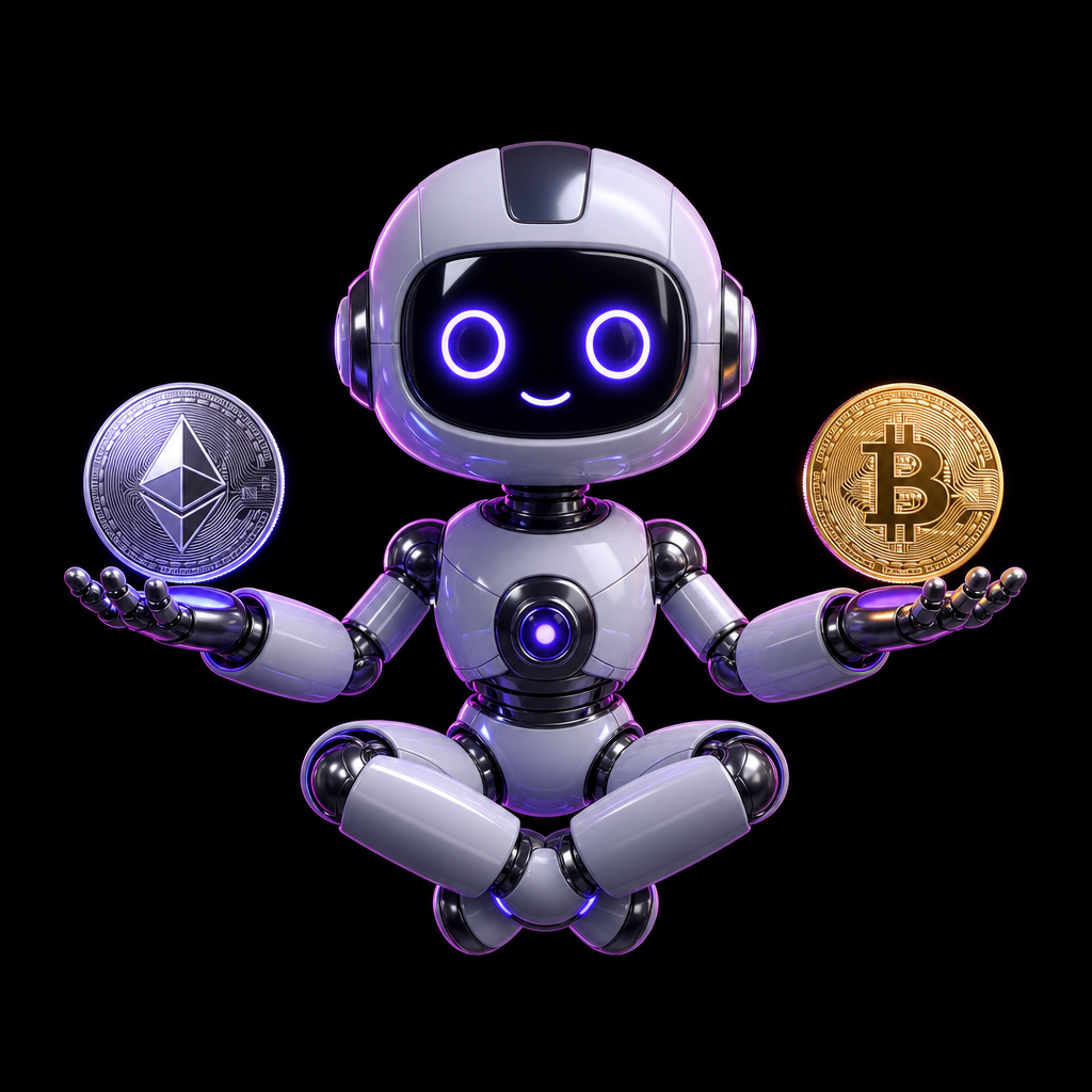 The Eacho robot holding an Ethereum coin and a Bitcoin coin